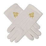 Gold Square & Compass Hand Embroidered Cotton White Masonic Gloves