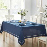 Newbridge Fabric Rectangle Tablecloth, 60 x 120 Inch, Easter Provence Lattice Cutwork Solid Color Textured, Water and Stain Resistant Easy Care Fabric Table Cloth for Spring Parties, Denim Blue