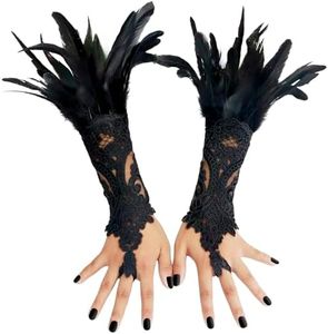 UQJE 2 Pcs Women's Black Feather Gloves Gothic Lace Long Gloves Cuff Witch Angel Costume Accessories for Wedding Halloween Party