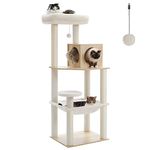 PEQULTI Wooden Cat Tree for Large Cats with Metal Frame Big Hammock, Cat Tower for Indoor Cats with 2 Door Condo House, [56.3"=143cm] Multi-Level Cat Shelves with Scratching Posts and Top Perch Beige