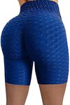 Butt Lifting Sports Yoga Shorts for Women Stretchy Leggings Honeycomb High Waisted Booty Gym Workout Running Trousers Tummy Control Ultra Soft Hot Pants Athletic Biker Shorts Blue