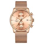 GOLDEN HOUR Men’s Watch Fashion Sleek Minimalist Quartz Analog Mesh Stainless Steel Waterproof Chronograph Watches, Auto Date in Black Hands, Color: Rose Gold