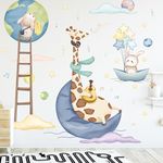 Pumkins Cute Giraffe, Bear, and Rabbit Musical Space Adventure Wall Stickers for Kids Room Bedroom Living Room Door Study Boho Nursery Wall Decoration for Baby Boy Girl Room Bedroom Nursery Playroom