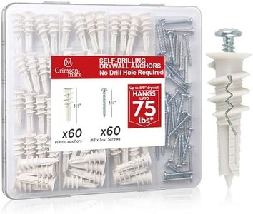 CrimsonMark 120Pcs #8 Self Drilling Drywall Anchors and Screws kit #8 x 1-1/4”- Superb Wall Anchors for Drywall, Holds Upto 75lbs – No Drill Hole Required with These Dry Wall Screws and Anchors
