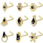 Subiceto 9PCS 20G 316L Stainless Steel Nose Studs Indian Black Stone L-Shape Nose Rings Snowflake Hamsa Flower Rhombus Oval Geometric AAA+ Cubic Zirconia Simple Charm Nose Piercing Jewelry Silver Gold Tone