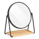 Navaris Vanity Mirror with Tray - Double-Sided Table Top Makeup Mirror with 1x/2x Magnification and Bamboo Base - for Bathroom, Bedroom, Desk - Black