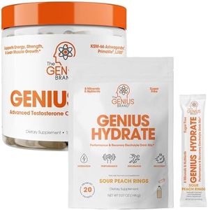 Genius Hydration & Wellness Support Bundle - Sour Peach Rings Hydrate Stick Pack Powder Drink Mix & Test Advanced Testosterone Booster - Natural Electrolyte Booster & Stamina Enhancing Supplement