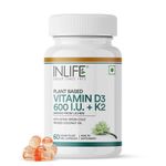 INLIFE Plant Based Vitamin D3 K2 Supplement for Bone Health & Immune Support, 600 IU - 60 Vegetarian Capsules (Pack of 1, 60)