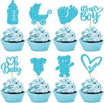 32Pcs Baby Shower Boy Cupcake Toppers Decorations,Glitter Oh Baby Blue Boy Onesie Bear Cake Toppers for Boy Gender Reveal Baby Shower Cupcake Toppers First Birthday Party Decorations