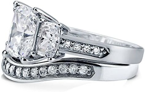 BERRICLE Sterling Silver 3-Stone Wedding Engagement Rings Cushion Cut Cubic Zirconia CZ Ring Set for Women, Rhodium Plated Size 4-10, US 10, Metal Crystal Stone, Cubic Zirconia