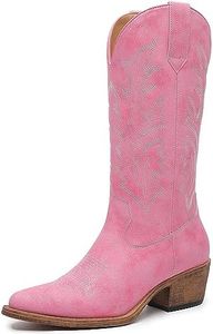 GLOBALWIN Women's Mid Calf Western Cowboy Boots Cowgirl Boots for Women with Floral Embroidery Side Zipper Chunky Heel, 23yy13 Pink, 8 US