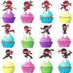 24 Pieces Kids' Ninja Themed Happy Birthday Cupcake Toppers Set - Kung Fu Ninja Shuriken Theme Samurai, Warrior, Karate Theme Birthday Party Decorations Boys and Girls Will Love - LIANGSS