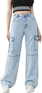 WDIRARA Girl's High Waist Cargo Jeans Flap Pocket Side Straight Leg Long Denim Pants Light Wash Blue 12-13Y