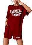 KSHS Women's Cotton Printed Night Suit Pajama Set Of Relaxed Fit Top & Shorts (Large, Maroon)