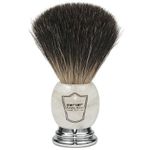 Parker Safety Razor Black Badger Bristle Shaving Brush with Off-White Marbled Handle & Free Stand