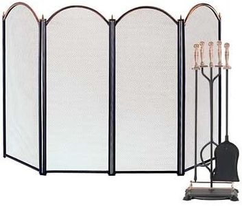 Panacea Fireplace Tool Set and Screen, Black & Antique Brass