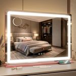 FENNIO Pink Vanity Mirror with Lights 32"x22", Lighted Makeup Mirror, Large Vanity Mirror with Lights, Touch Sensor with 3-Color Lighting, USB Charging Port for Vanity Desk Tabletop
