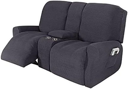 NILUOH Reclining Loveseat with Console Slipcover, 8-Piece Stretch Jacquard Recliner Cover 2 seat Loveseat Recliner Sofa Cover Non Slip Recliner Couch Cover with Storage Pocket (Dark Grey)