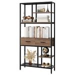 HOCSOK Bookshelf, 5 Tier Bookcase with Metal Frame and Drawers, Wooden Bookcase Storage Cabinet for Home and Office