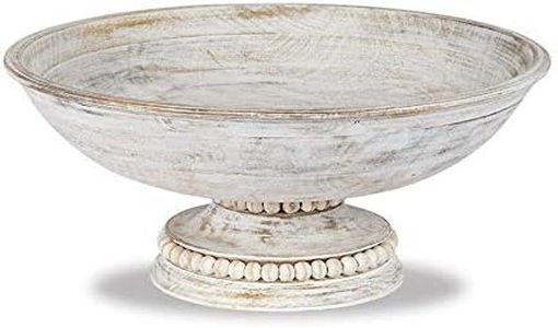 Mud Pie Beaded Wood Pedestal Bowl, White, 6" x 14" dia
