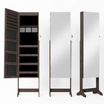 sogesfurniture Lockable Floor Standing Wooden Jewelry Cabinet Mirror Cabinet Chest Armoire Wardrobe Storage Organizer, Brown BHCA-QH-6150-BW-N