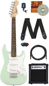 Fender Squier 3/4-Size Kids Mini Strat Electric Guitar - Surf Green Bundle with Amplifier, Instrument Cable, Tuner, Strap, Picks, Fender Play Online Lessons, and Austin Bazaar Instructional DVD