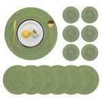 Pauwer Round Placemats and Coasters Set of 6, Green Non Slip Washbale Table Mats and Coasters Sets Heat Resistant Decor Table Place Mats