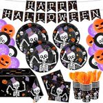 XIENBLOC 230pcs Halloween Party Supplies Halloween Paper Plates Napkins Kids Skeleton Disposable Tableware Set Banners Balloons Cups Tablecloth Dessert Plates Halloween Party Decorations Serves 30