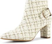 Allegra K Women's Plaid Pointed Toe Chunky Heel White Gold Ankle Boots 9 M US