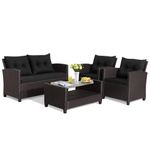 DORTALA 4 Piece Wicker Patio Furniture Set, PE Rattan Outdoor Conversation Sets with Loveseat, Chairs & Coffee Table for Backyard, Porch, Garden and Poolside, Black