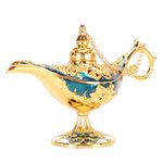 Topyond Vintage Gold and Light Blue Arabian Lamp Genie Lamp Magical Decor for Aladdin Party Legend Wishing Light Decoration Egyptian Inspired Zinc Alloy Magic Mixies Lamp