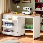 DWVO Folding Sewing Table w/Charging Station, Sewing Table with Storage, Multi-Craft Desk with Lockable Casters, Magnetic Doors, Hidden Storage