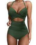 SUUKSESS Women Wrap Cut Out One Piece Swimsuit High Waisted Monokini Bathing Suit, 02 Deep Green, 12-14