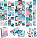 Artivo Blue Wall Collage Kit Aesthetic Pictures, 50 Set 4x6 inch, Pink VSCO Bedroom Decor for Teen Girls, Summer Beach Wall Art Print, Dorm Photo Collection, Small Posters for Room