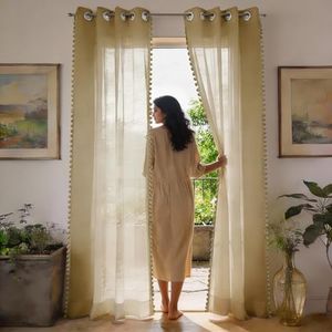 Urban Space Sheer Solid Curtains for Door 8 Ft Long, 35-40% Light Filtering Curtains with Eyelets and Tieback, Set of 2 Decorative Curtains for Home Decor - Taupe with pom pom (Door -8 feet)