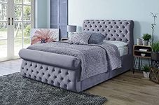 Double Bed with Storage | Ottoman Bed Double (4.6ft), Gas Lift Up Bed Frame, Upholstered Bed with Base and Headboard, Heavy Duty Mesh Frame Sleigh Bed (Steel Grey)(Spanish Swan)