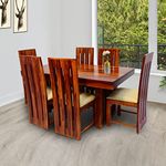 WOODY Furniture™ Solid Sheesham Wood Dining Table 6 Seater | Wooden Six Seater Dinning Table with Cushion Chairs | Dinner Table 6 Seater | Dining Room Sets, Honey Finish