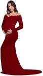 JustVH Maternity Elegant Fitted Maternity Gown Long Sleeve Cross-Front V Neck Slim Fit Maxi Photography Dress for Photoshoot, A- Burgundy, Medium