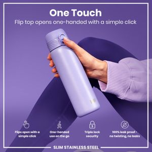 Ion8 Steel Water Bottle 600ml – Leak Proof, Flip Cover, Light Purple