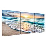 Beach Decor Framed Wall Art - 3 Panel Sea Wave Sunset Poster Canvas Print Home Office Decorations for Living Room Seascape Modern Artwork Ocean Painting Pictures for Bedroom Ready to Hang 12''x16''