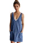 LifeShe Denim Overall Dress for Women Sleeveless High Roller Skirtall Short Jean Jumper Dress Mini Pinafore, Blue, Medium