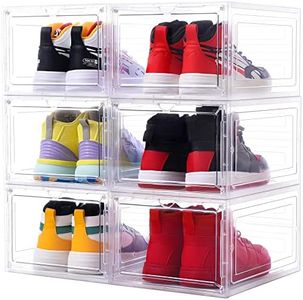Yukui LLc Large Clear Shoe Boxes Stackable, 6 Pack Hard Plastic Shoe Storage Boxes with Magnetic Door, Drop Front Shoe Containers, Shoe Case Sneakers Storage Fit US Size 12 Clear