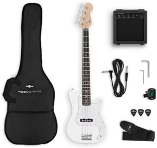 VISIONSTRING 3/4 Size Electric Bass Guitar for Beginners Kids Bass Guitars Kit with Amp White