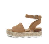 Soda Topic Open Toe Buckle Ankle Strap Espadrilles Flatform Wedge Casual Sandal, Tan, 4 UK