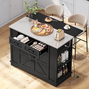 DWVO Kitchen Island w Stainless Steel Top Drop Leaf Bar Seating Power Outlet, 47" Portable Rolling Mobile Center Islands w Folding Dropleaf Storage Drawer Cabinet Wheel Counter Height Metal Top, Black