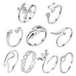 TUPARKA 9Pcs Silver Adjustable Rings Set Knot Adjustable Finger Ring Joint Ring Toe Ring Beach Jewelry Gifts for Women Girls