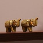 10Club Elephant Idols - 2 Piece (5L X 3H cm,400 Grams) - 100% Pure Brass | Pair of Elephant Idols for Desk, Car, and Home Decor | Yellow Antique Finish - Ideal for Gifting