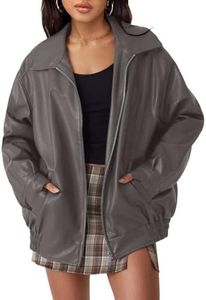 AUTOMET Women's Oversized Faux Leather Jacket Boyfriend Biker Moto Coat Lightweight Fall Bomber Outerwear Grey L
