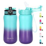 Oldley Insulated Water Bottles 12oz Kids Water Bottle with Straw, Stainless Steel Water Bottle with 2 Lids, Double Wall Vacuum Bottle, Leak-Proof Sports Bottles for School Travel, Green Purple