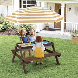 HONEY JOY 3-in-1 Kids Picnic Table Set, Children Water and Sand Table w/Removable & Height Adjustable Umbrella, Outdoor Activity Play Table Bench with Removable Tabletop, 2 Play Boxes (Coffee)